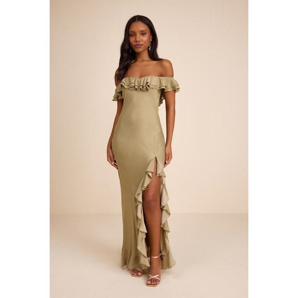 Lulus Eloisa Light Olive Satin Off-the-shoulder Maxi Dress Green - Size S